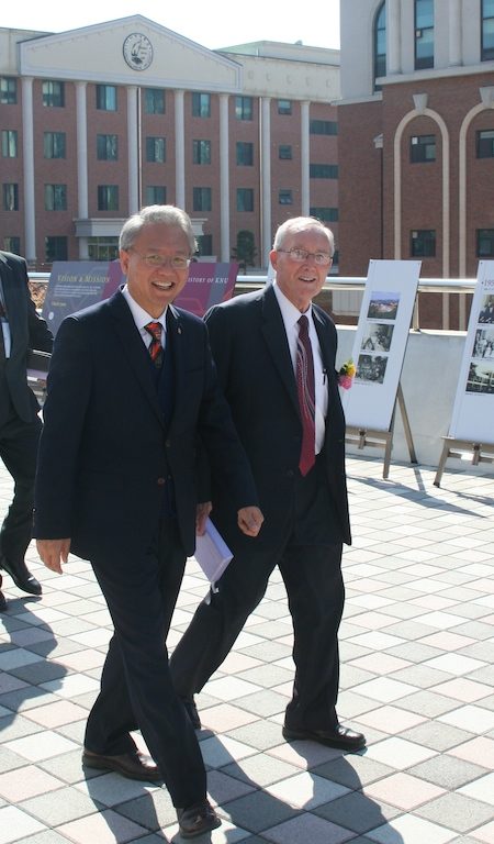 KNU Founder Dr. Donald Owens and current KNU President Dr. Shin, Min Gyoo tour KNU's campus.