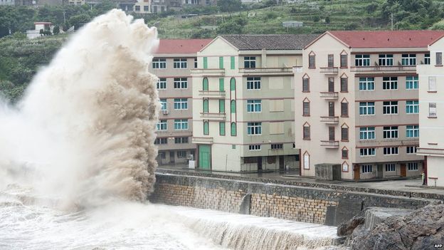 Huge waves were crashing into the coast of Zhejiang province - China.  http://www.bbc.com/news/world-asia-33491507